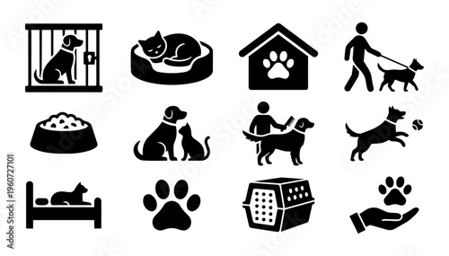 Pet Boarding Silhouette Icons Set – Dog and Cat Care, Animal Hotel, Grooming and Pet Service Collection