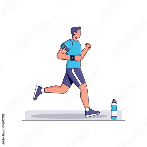 Man jogging with armband and water bottle on a gray path against a white background.