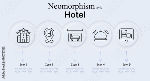 Hotel set icon. Hotel building with stars, location pin with letter H, bed inside room service canopy, ringing reception bell, sleeping bed symbol with message bubble