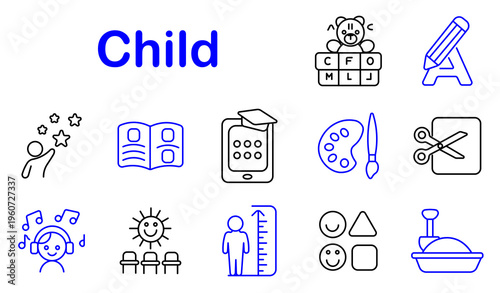 Child education set icon. Line style icons display alphabet blocks, pencil letter, star reach, open book, tablet learning, paint palette, scissors cut, music listening, classroom desk
