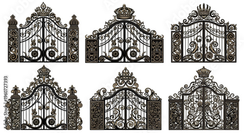 Ornate iron gates with decorative designs.