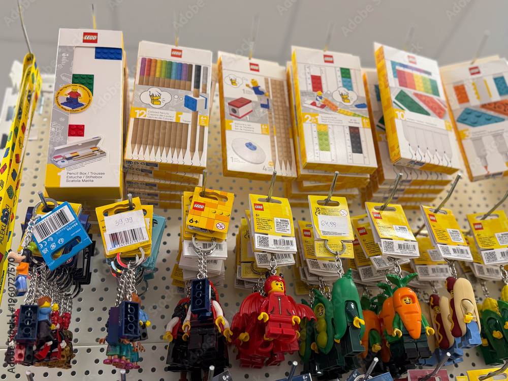 Fototapeta premium Lego stationery and keychains on retail pegboard display