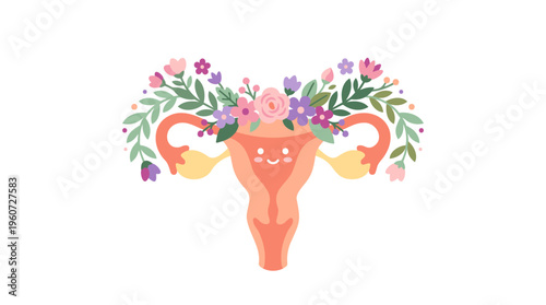 Cute cartoon uterus with a smiling face, surrounded by colorful flowers and green leaves, representing women's health and fertility.
