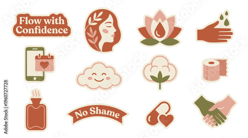 A collection of flat design icons representing women's health, hygiene, self-care, and well-being, including symbols for confidence, natural products, comfort, and support.