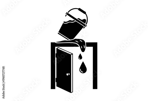 Open door with a bucket of water tipping over and spilling onto the ground