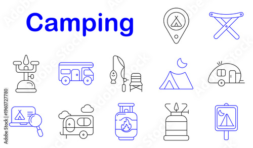 Camping outdoor set icon. Line style icons display gas stove, camper van, fishing rod, folding chair, night tent, caravan trailer, navigation map, travel trailer, gas cylinder, burner tank