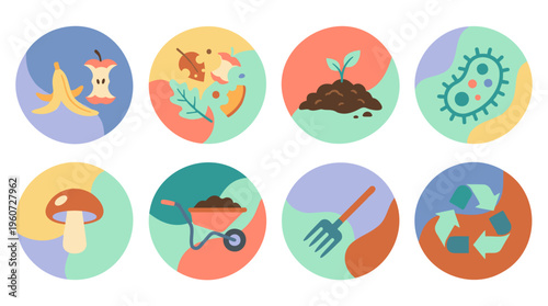 A set of eight colorful circular icons illustrating the composting process and organic waste recycling.