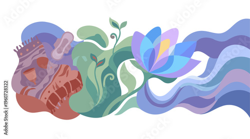 Abstract illustration of a stylized lotus flower with flowing water and organic shapes in soft blue, purple, green, and brown tones.