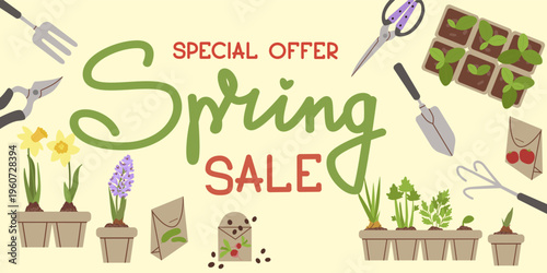Vector illustration of Spring Sale banner featuring garden tools, seedlings, seeds and blooming flowers. Seasonal promotional horizontal background for garden market web headers and ads.