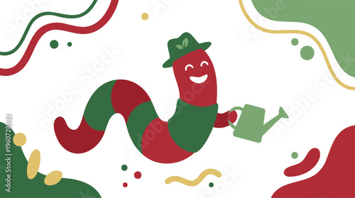 A cheerful cartoon worm in red and green, wearing a hat and sweater, holding a watering can, set against a vibrant abstract background.