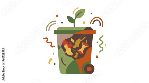 Illustration of a compost bin filled with organic waste and a plant growing, surrounded by abstract natural elements.