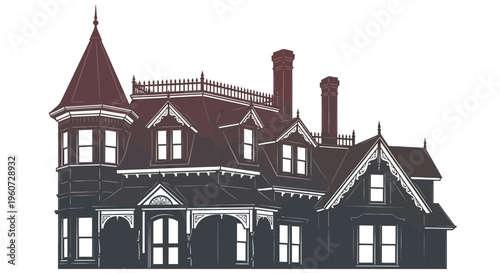 A Victorian-style mansion with turrets and chimneys.