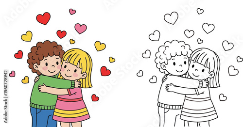 Cute Cartoon Boy and Girl Hugging with Hearts - Friendship and Affection