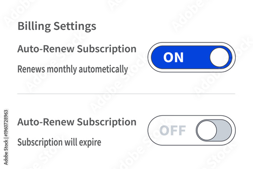 Billing Settings Auto Renew Subscription Toggle UI with On and Off States for SaaS Payment System
