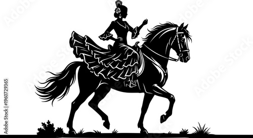 Black silhouette vector of a Spanish woman in a traditional flamenco dress riding a horse. Concept of Andalusian culture, Feria de Abril, and Spain.
