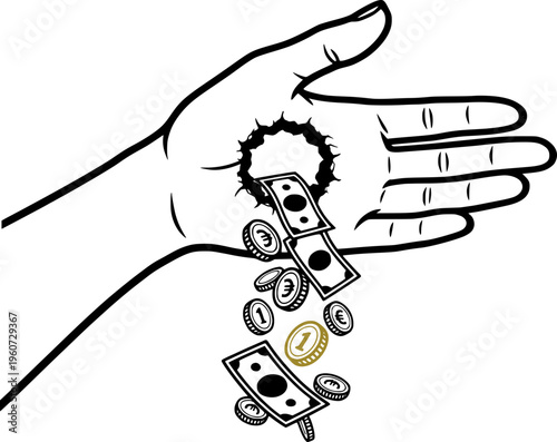 Vector illustration of money falling through a hole in a hand. Concept of financial loss, overspending, waste of money, and economic crisis.