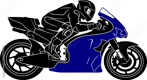 Vector illustration of a motorcycle racer riding a blue sportbike. Silhouette design of a biker in a racing suit and helmet at high speed on a track.