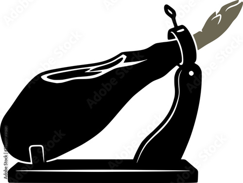 silhouette vector illustration of a Spanish Iberian ham on a traditional wooden holder (jamonera). Gourmet food and tapas concept.