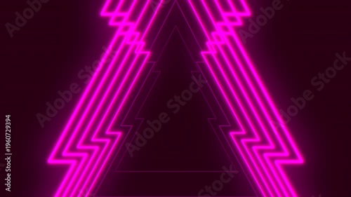 Glowing neon triangle tunnel background with pink retro synthwave light lines