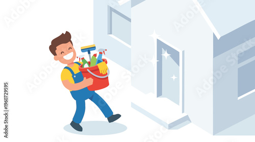 Cleaner Carrying Cleaning Supplies Bucket Towards a Spotless House