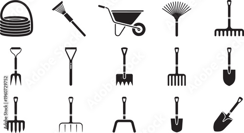 Set of gardening and farming tool icons including wheelbarrow rake shovel and digging equipment