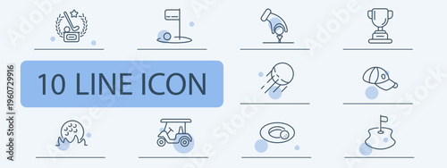 Golf activity set icon. Award flag putt trophy ball cap water cart course hole play shot game outdoor sport elements.