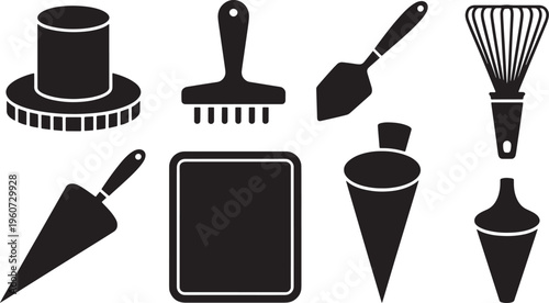 Set of Kitchen Baking Tools Including Cake Scrapers Piping Bags Spatulas and Pastry Trays Vecto