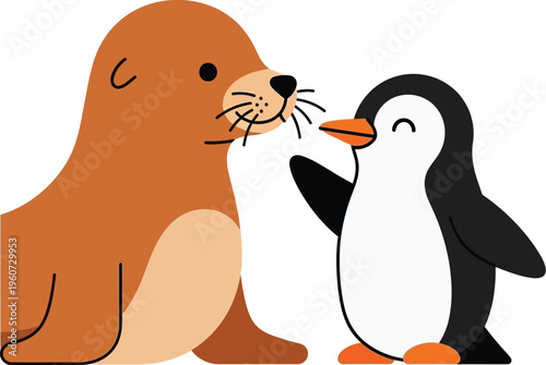 Cute Seal And Penguin Friendship Cartoon Illustration