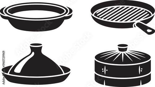 Set of Kitchen Cooking Pots and Pans Illustration Featuring Skillet Tagine and Steamer Basket