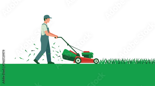 Lawnmower Worker Cutting Green Grass in Flat Vector Style Illustration