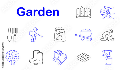 Garden tools set icon. Line style icons display fence, hand plant, shovel fork, gardener worker, soil bag, wheelbarrow, planting person, fruit tree, boots, gloves, paving block