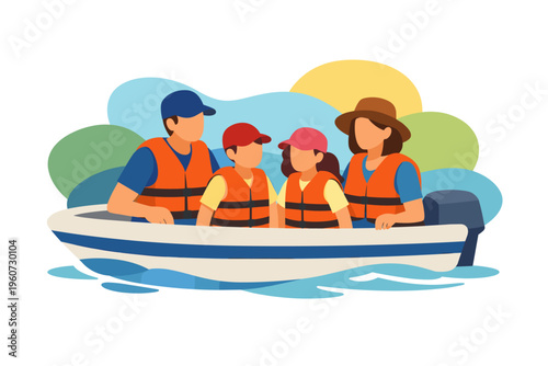 Man and child wearing life jackets in a boat on the water.