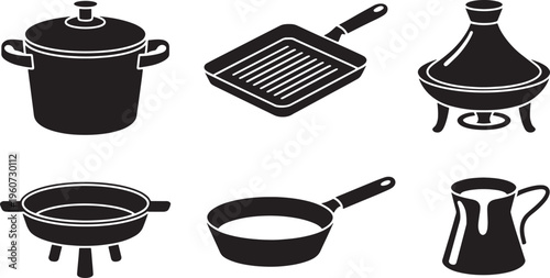 Set of Kitchen Cooking Utensils Silhouettes Featuring Pots Pans Skillets and Culinary Equipment