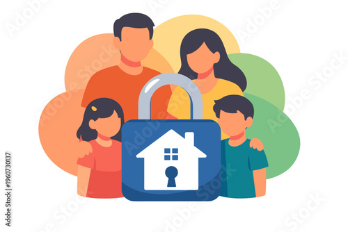 Happy family members together in a stylized illustration.