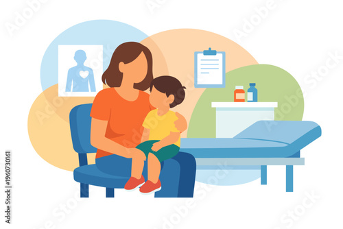 Woman sitting in a doctors office waiting room feeling unwell.