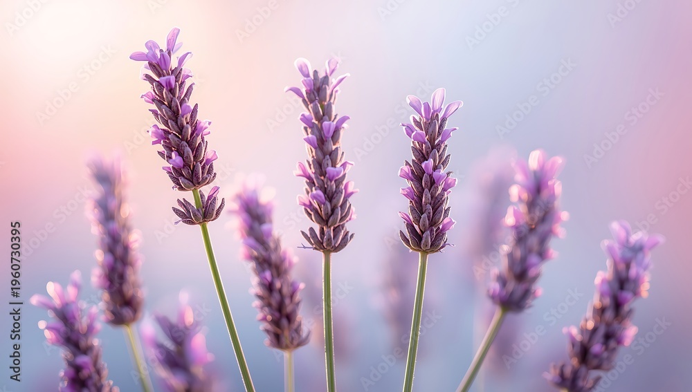 Fototapeta premium Vibrant purple lavender flowers blooming in a field with soft pastel background and warm sunlight
