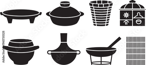 Set of Kitchenware and Cooking Utensil Icons Including Clay Pots Bowls Pans and Food Containers