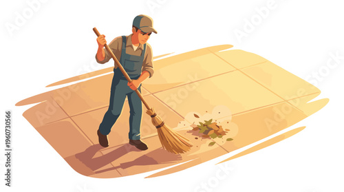 Sweeper Cleaning Tile Patio with Broom in Flat Vector Art Style