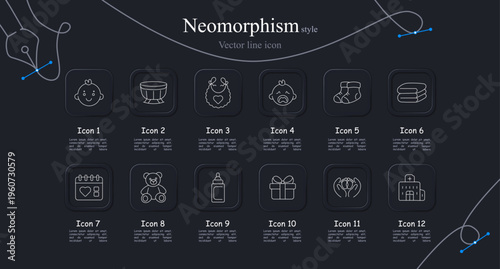 Newborn care set icon. Baby face, drum toy, love bib, crying infant, socks clothing, folded towels, health calendar, teddy toy, feeding bottle, gift present, caring hands, maternity hospital