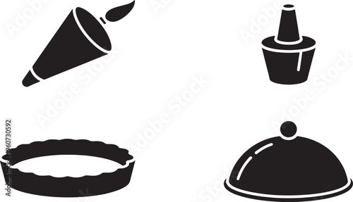 Set of Various Kitchen and Food Service Icons Featuring Pastry Bag, Food Cloche and Bowl Utensi
