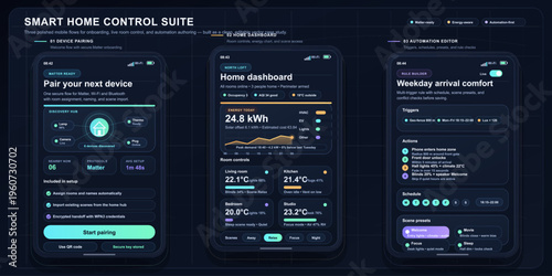 Smart home control suite shows device pairing and home dashboard in dark theme layout with various features displayed