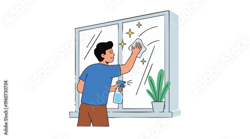 Cleaner Man Meticulously Wiping a Glass Window at Home