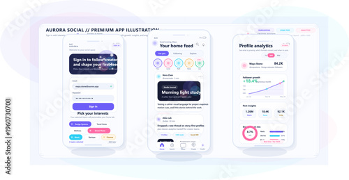 User interface design showcase for a social media app with features like user sign-in, personalized feed, and analytics display