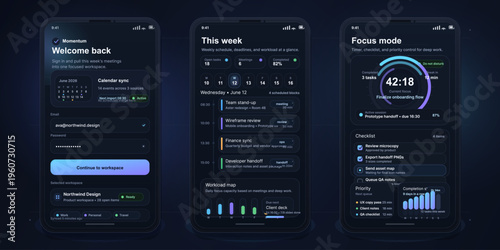 User interface showing a task management app with various features and a focus mode timer for weekly planning and progress tracking