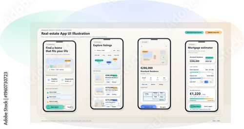 Real estate app user interface design showing various features for home search and mortgage calculation