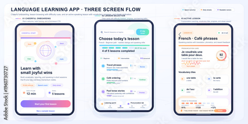Language learning app with three screens showing lesson options, progress tracking, and active vocabulary practice