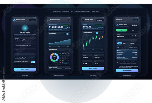 Display of a digital finance app showing portfolio performance and investment details on a dark background
