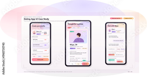 Dating app user interface case study showing profile creation, match suggestions, and chat details with a user named Maya