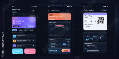 Neon Harbor Live Tour event details with ticket information and seating preview on a digital display