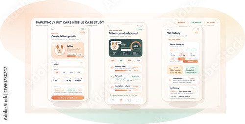 Mobile app design process for pet care management focusing on user profile and dashboard features